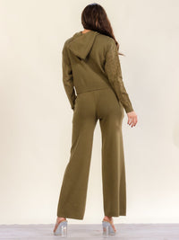 WOMEN'S LONG SLEEVE HOODED SWEATER & ELASTIC WAIST POCKETS WIDE LEG PANTS CABLE KNIT 2PC. SET