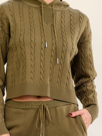 WOMEN'S LONG SLEEVE HOODED SWEATER & ELASTIC WAIST POCKETS WIDE LEG PANTS CABLE KNIT 2PC. SET