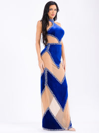 WOMEN'S SLEEVELESS HALTER NECK STUDS MESH BODYCON MAXI DRESS