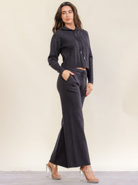 WOMEN'S LONG SLEEVE HOODED SWEATER & ELASTIC WAIST POCKETS WIDE LEG PANTS CABLE KNIT 2PC. SET