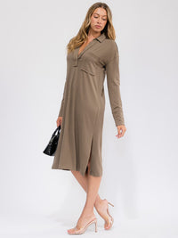 WOMEN'S LONG SLEEVE V-NECK FRONT POCKET MIDI DRESS