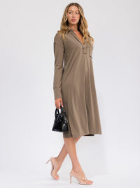 WOMEN'S LONG SLEEVE V-NECK FRONT POCKET MIDI DRESS
