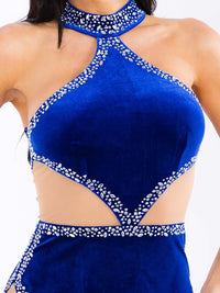 WOMEN'S SLEEVELESS HALTER NECK STUDS MESH BODYCON MAXI DRESS