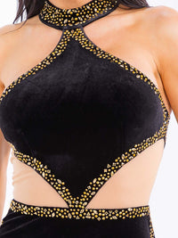 WOMEN'S SLEEVELESS HALTER NECK STUDS MESH BODYCON MAXI DRESS