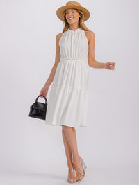 WOMEN'S SLEEVELESS MOCK NECK ELASTIC WAIST TIERED MIDI DRESS