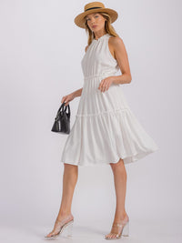 WOMEN'S SLEEVELESS MOCK NECK ELASTIC WAIST TIERED MIDI DRESS