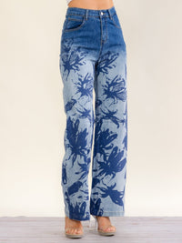 WOMEN'S BUTTON CLOSURE POCKETS WIDE LEG DENIM WASHED PRINT PANTS