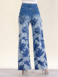 WOMEN'S BUTTON CLOSURE POCKETS WIDE LEG DENIM WASHED PRINT PANTS