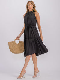 WOMEN'S SLEEVELESS MOCK NECK ELASTIC WAIST TIERED MIDI DRESS