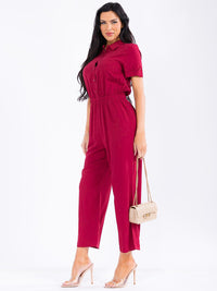 WOMEN'S SHORT SLEEVE BUTTON UP POCKETS WIDE LEG JUMPSUIT