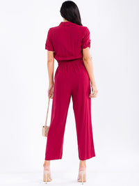 WOMEN'S SHORT SLEEVE BUTTON UP POCKETS WIDE LEG JUMPSUIT