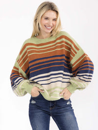 WOMEN'S LONG SLEEVE COLORBLOCK STRIPES PULLOVER SWEATER