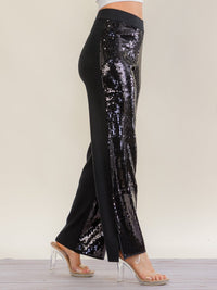 WOMEN'S ELASTIC WAIST RIBBED SEQUINS WIDE LEG PANTS