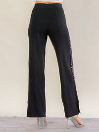 WOMEN'S ELASTIC WAIST RIBBED SEQUINS WIDE LEG PANTS