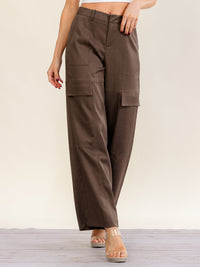 WOMEN'S BUTTON CLOSURE CARGO FRONT POCKETS WIDE LEG PANTS