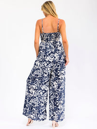WOMEN'S SLEEVELESS SMOCK FRONT POCKETS FLORAL PRINT WIDE LEG JUMPSUIT