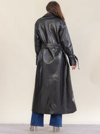 WOMEN'S LONG SLEEVE BUTTON CLOSURE BELTED PU PLEATHER EYELET DETAILED COAT