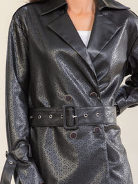 WOMEN'S LONG SLEEVE BUTTON CLOSURE BELTED PU PLEATHER EYELET DETAILED COAT