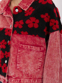 WOMEN'S LONG SLEEVE BUTTON CLOSURE FRONT POCKETS SHERPA CORDUROY JACKET