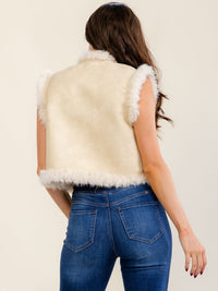 WOMEN'S SLEEVELESS FAUX FUR EMBROIDERY TRIM SUEDE VEST