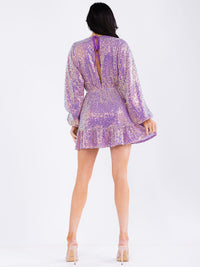 WOMEN'S LONG SLEEVE SURPLICE ELASTIC WAIST SEQUINS MINI DRESS