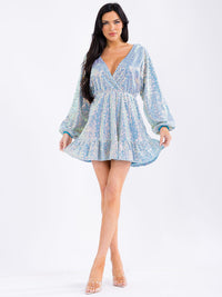 WOMEN'S LONG SLEEVE SURPLICE ELASTIC WAIST SEQUINS MINI DRESS