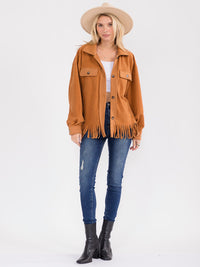 WOMEN'S LONG SLEEVE BUTTON CLOSURE FRONT POCKETS FRINGE JACKET
