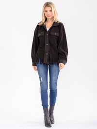 WOMEN'S LONG SLEEVE BUTTON CLOSURE FRONT POCKETS FRINGE JACKET
