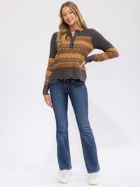 WOMEN'S LONG SLEEVE BUTTON UP MULTI PRINT TOP