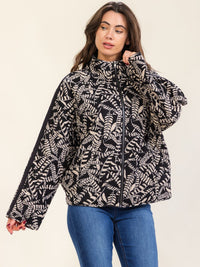 WOMEN'S LONG SLEEVE ZIP UP FRONT POCKET COLORBLOCK LEAF PRINT JACKET
