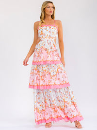 WOMEN'S SLEEVELESS ELASTIC WAIST OPEN BACK RUFFLE TIERED PRINT MAXI DRESS