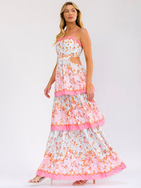 WOMEN'S SLEEVELESS ELASTIC WAIST OPEN BACK RUFFLE TIERED PRINT MAXI DRESS
