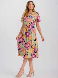 WOMEN'S SHORT PUFF SLEEVE FRONT POCKETS ELASTIC WAIST FLORAL MIDI DRESS