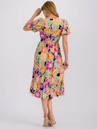 WOMEN'S SHORT PUFF SLEEVE FRONT POCKETS ELASTIC WAIST FLORAL MIDI DRESS