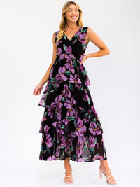 WOMEN'S SLEEVELESS SURPLICE RUFFLE TIERED FLORAL MAXI DRESS