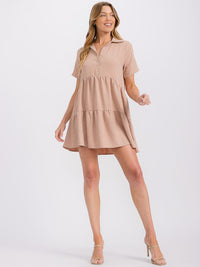 WOMEN'S SHORT SLEEVE BUTTON UP TIERED TUNIC MINI DRESS