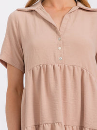 WOMEN'S SHORT SLEEVE BUTTON UP TIERED TUNIC MINI DRESS