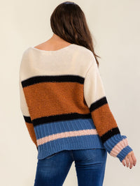 WOMEN'S LONG SLEEVE COLORBLOCK STRIPES PULLOVER KNIT SWEATER