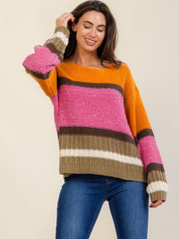 WOMEN'S LONG SLEEVE COLORBLOCK STRIPES PULLOVER KNIT SWEATER