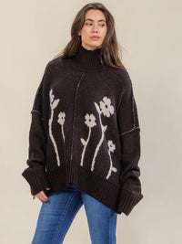 WOMEN'S LONG SLEEVE TURTLE NECK PULLOVER FLORAL PRINT SWEATER