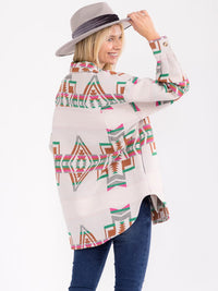 WOMEN'S LONG SLEEVE BUTTON CLOSURE FRONT POCKETS MULTI PRINT JACKET