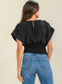 WOMEN'S SHORT SLEEVE V-NECK SMOCK WAIST BLOUSE