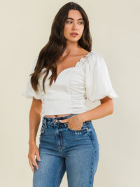 WOMEN'S SHORT PUFF SLEEVE V-NECK SMOCK RUCHED BLOUSE