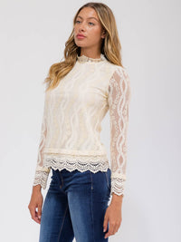 WOMEN'S LONG SLEEVE MOCK NECK TRIM DETAILED LACE BLOUSE