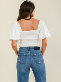WOMEN'S SHORT PUFF SLEEVE V-NECK SMOCK RUCHED BLOUSE