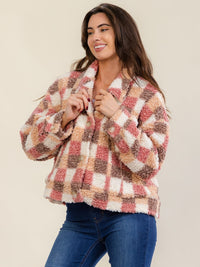 WOMEN'S LONG SLEEVE BUTTON CLOSURE FRONT POCKET PLAID SHERPA JACKET