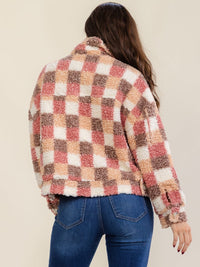 WOMEN'S LONG SLEEVE BUTTON CLOSURE FRONT POCKET PLAID SHERPA JACKET