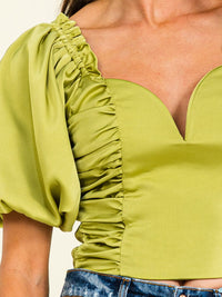 WOMEN'S SHORT PUFF SLEEVE V-NECK SMOCK RUCHED BLOUSE