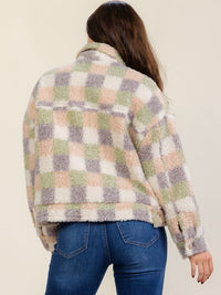 WOMEN'S LONG SLEEVE BUTTON CLOSURE FRONT POCKET PLAID SHERPA JACKET