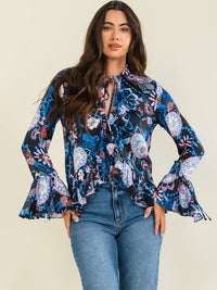 ENTRO WOMEN'S LONG BELL SLEEVE FRONT TIE FLORAL PRINT BLOUSE